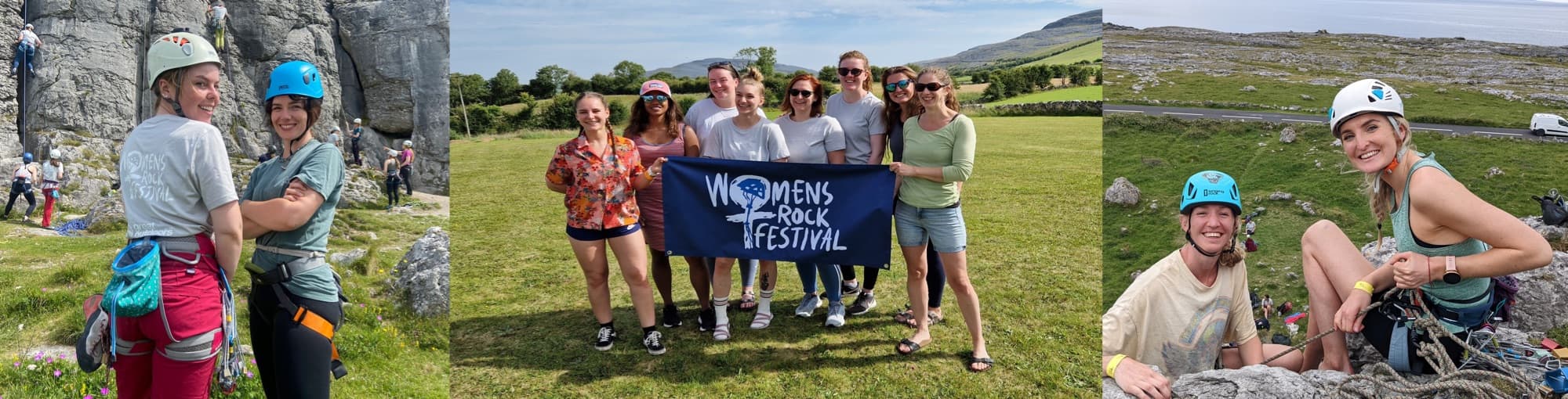 Participants of WRF2022, women climbing and holding the WRF flag